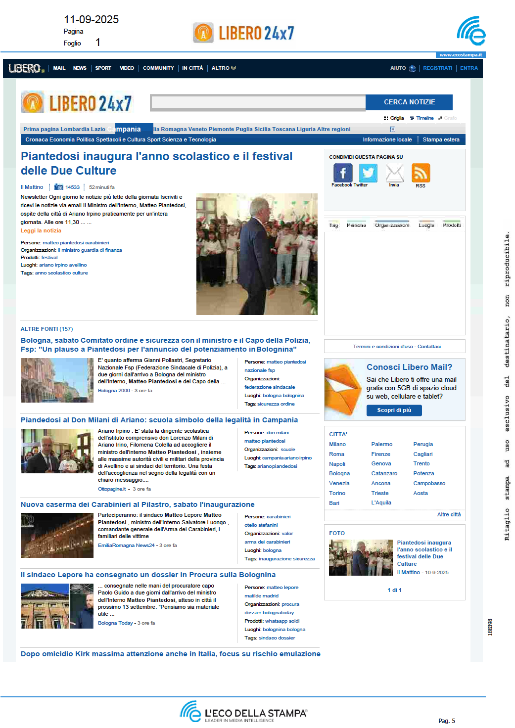 Piantedosi inaugura l'anno scolastico e il festival delle Due Culture